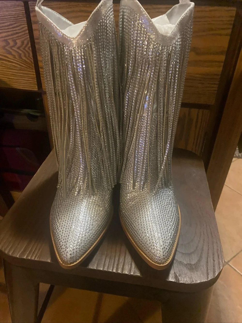 Fringe Metallic Pointed-Toe Western Ankle Boots - Silver